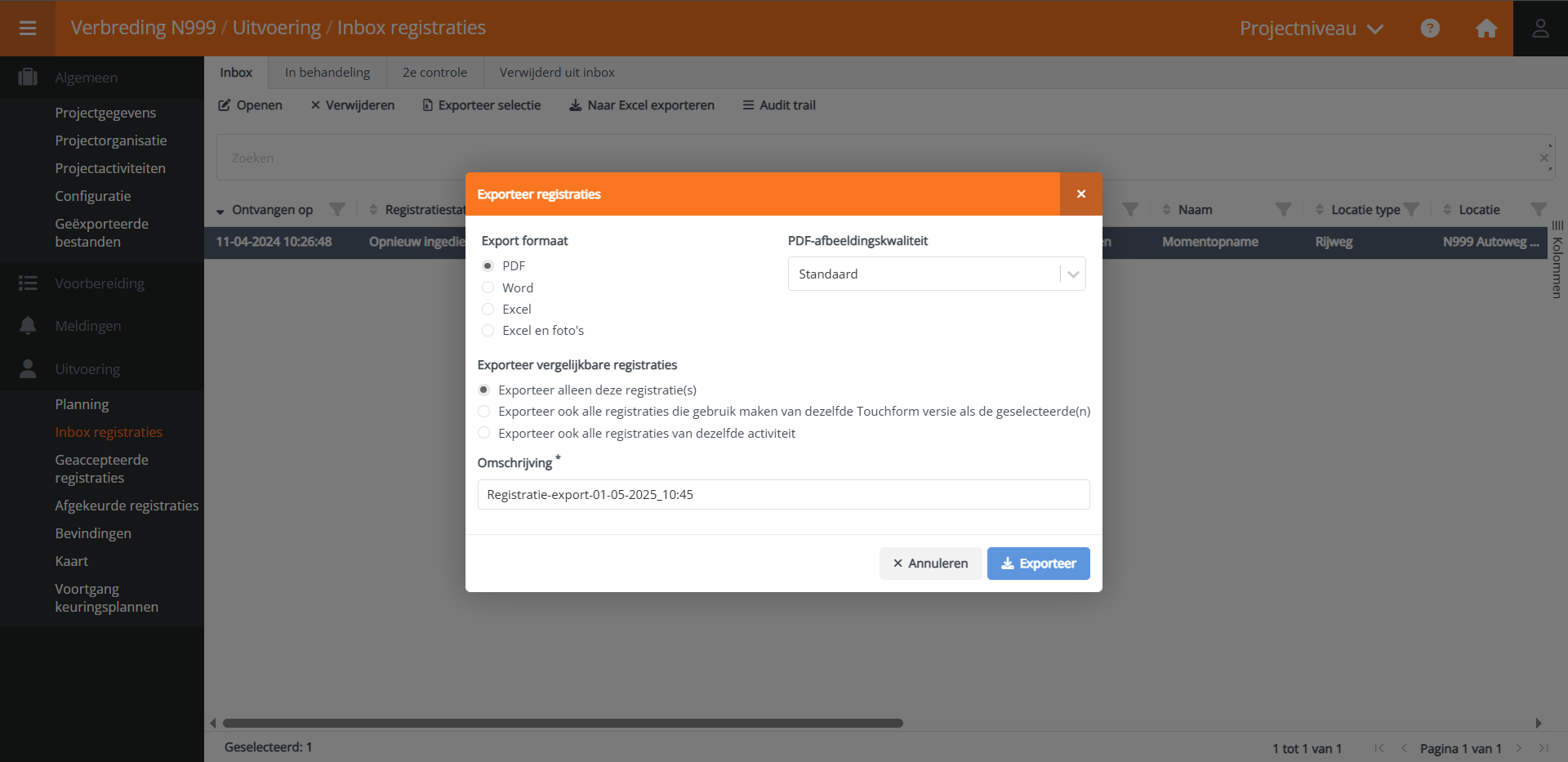 Export registration window